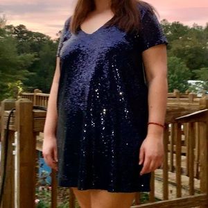 XL. Lulus Light Up the Night Navy Blue Sequin Shift Dress